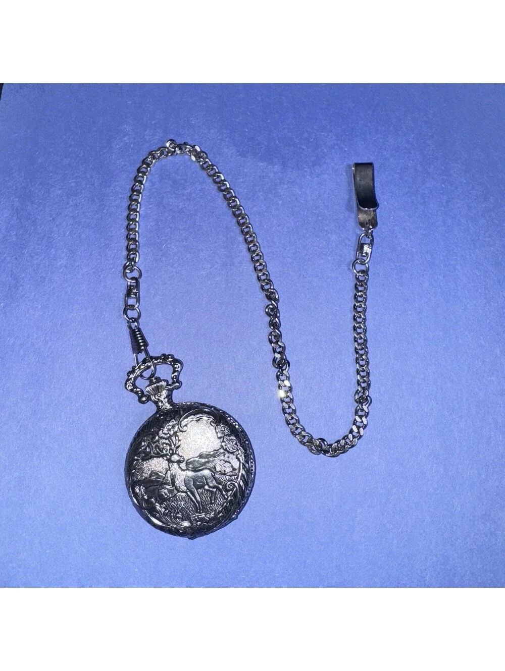 Vtg Hunter Quartz Pocket Watch Embossed Stag Elk Design Silver Tone Chain Japan